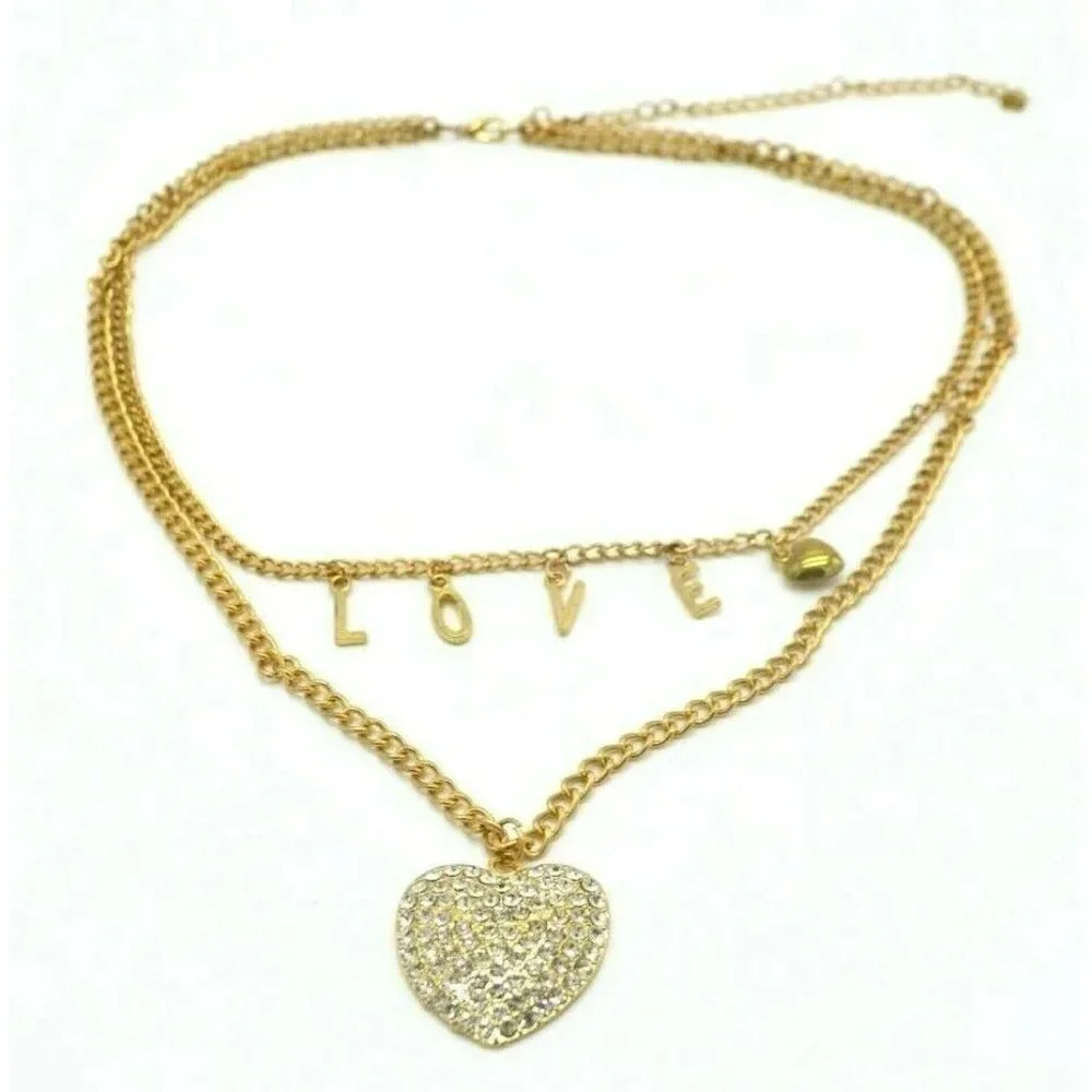 Clear Rhinestone Heart LOVE Letter Multi-Strand Gold Tone Necklace